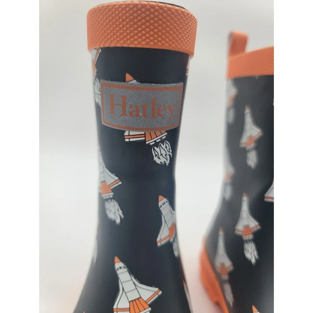 Hatley Space Shuttle Rain Boots Kids Size 8 Navy Orange Waterproof Rubber